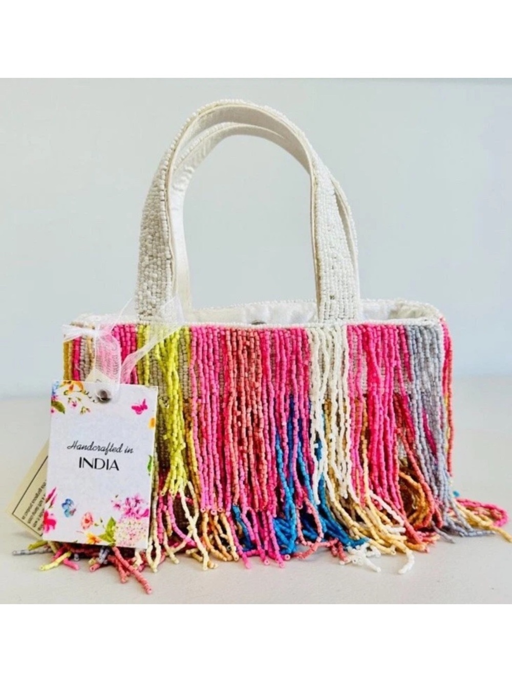 VIRAL Beaded Fringed Multicolor Small Bag w Crossbody Chain Made in India NWT